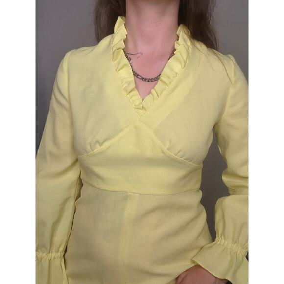 50s 60s Vtg Whimsi Yellow Cottage Prairie Vneck Empire Waist Maxi Dress Sz Small - Picture 7 of 10